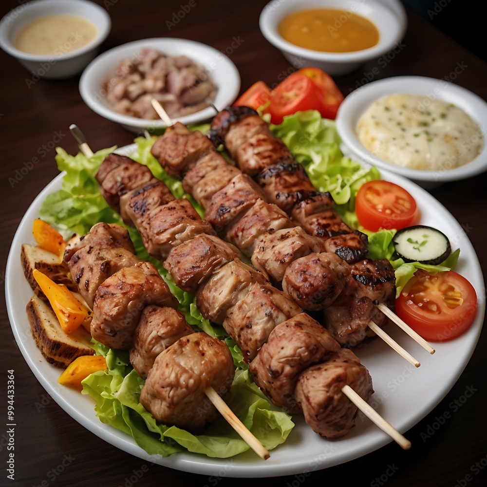 Delicious fresh Kebab assortment Served with some salad, grilled chicken skewers with a side of grilled vegetables, grilled kebab with couscous and vegetables