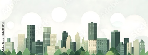 A flat illustration of an urban skyline made up entirely of green buildings, set against the backdrop of a pale sky with large white circles