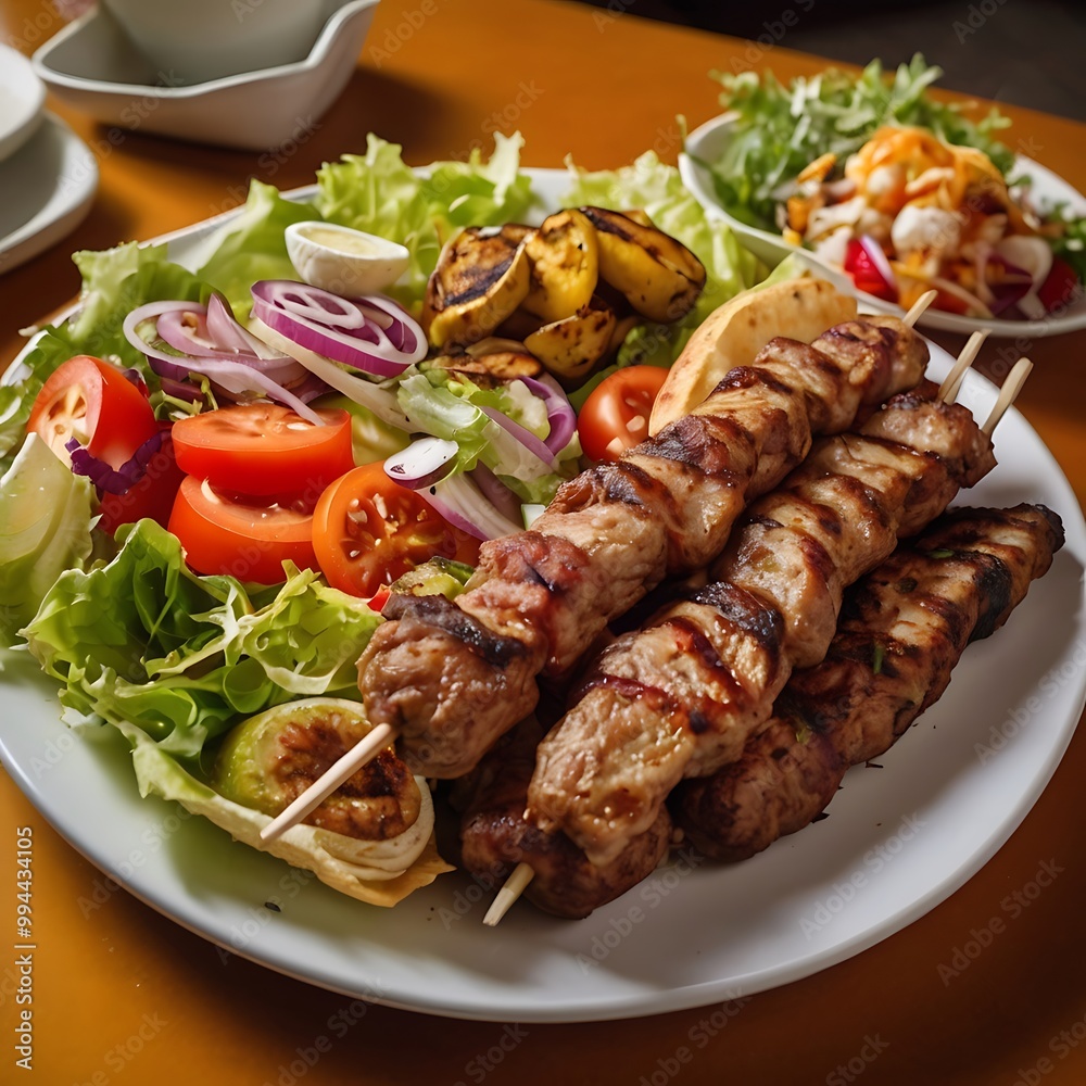 Delicious fresh Kebab assortment Served with some salad, grilled chicken skewers with a side of grilled vegetables, grilled kebab with couscous and vegetables Delicious fresh Kebab assortment Served with some salad, grilled chicken skewers with a side of grilled vegetables, grilled kebab with couscous and vegetables
