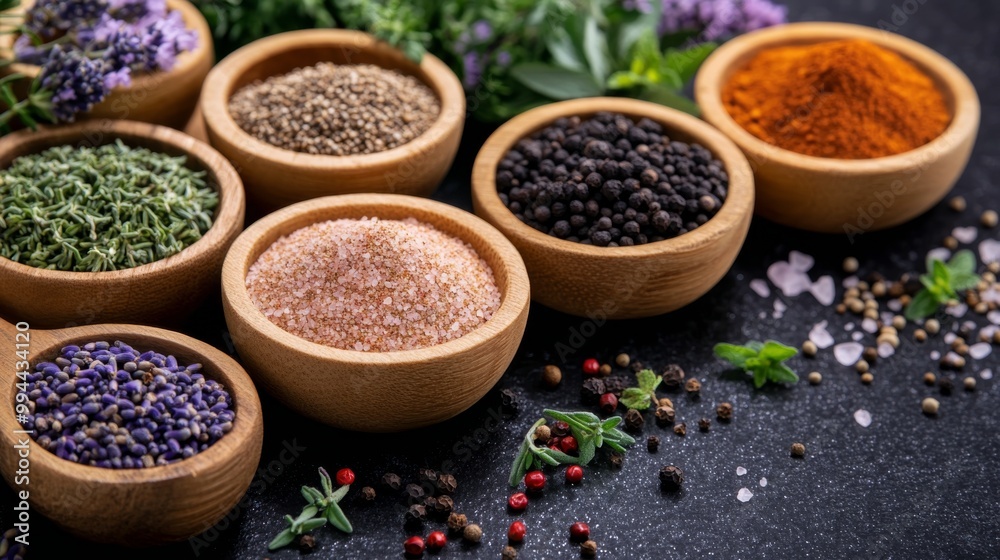 A colorful array of spices and herbs displayed in wooden bowls on a dark surface A colorful array of spices and herbs displayed in wooden bowls on a dark surface