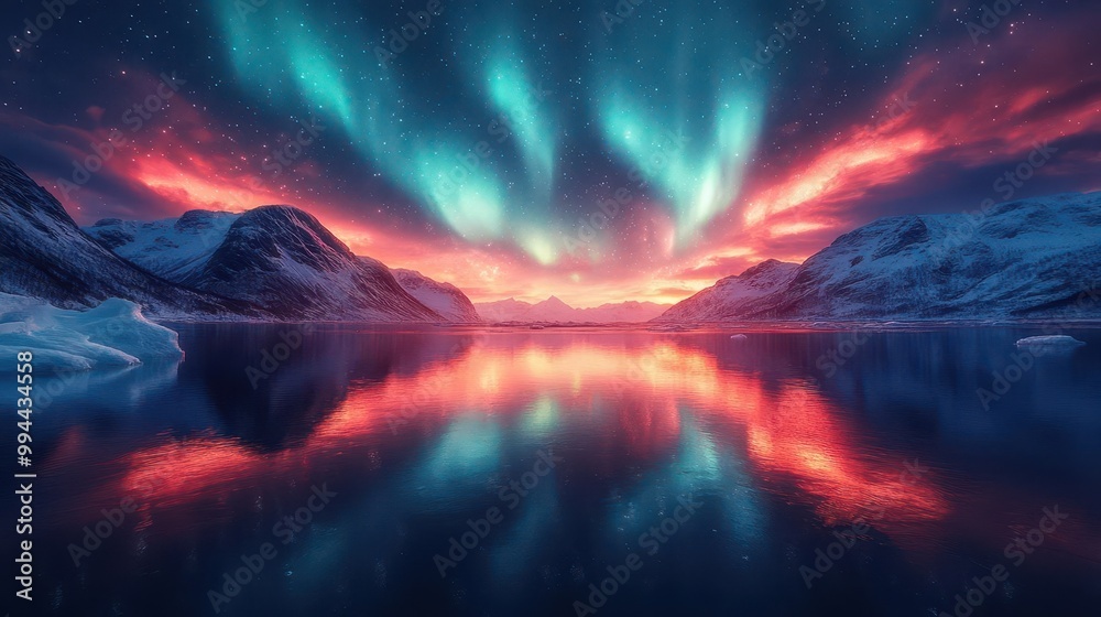 Naklejka premium northern lights swirling vibrantly over rugged norwegian mountains reflected in a serene icy lake the night sky glows with ethereal greens and blues under a starry expanse