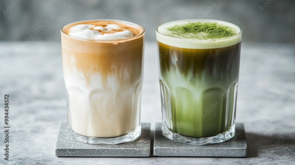 two glass cups with iced matcha and latte two glass cups with iced matcha and latte