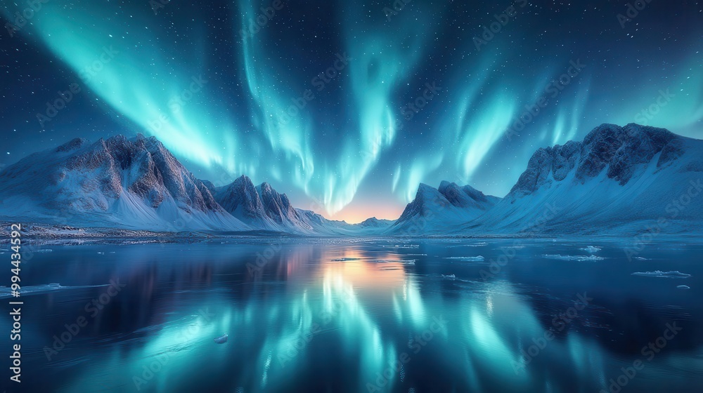 northern lights swirling vibrantly over rugged norwegian mountains reflected in a serene icy lake the night sky glows with ethereal greens and blues under a starry expanse