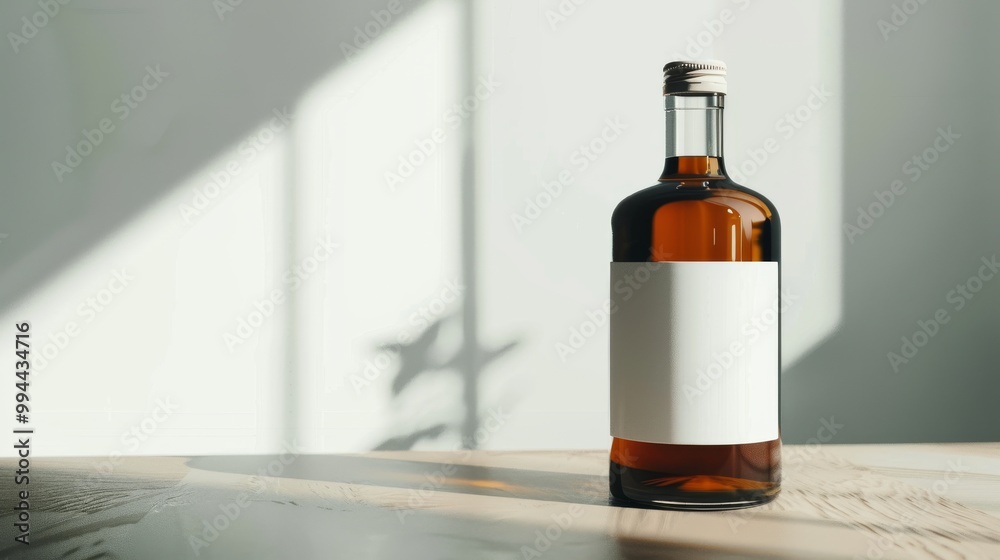 An amber glass bottle with a white blank label rests on a white surface, with soft natural light filtering through a window in the background. An amber glass bottle with a white blank label rests on a white surface, with soft natural light filtering through a window in the background.