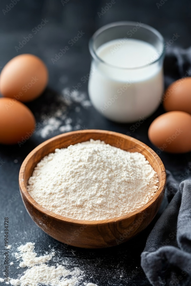 Flour, eggs, and milk arranged on a kitchen countertop for baking preparations Flour, eggs, and milk arranged on a kitchen countertop for baking preparations