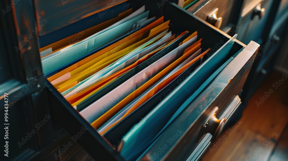 Obraz premium An open drawer filled with various colored paper folders, neatly arranged and ready for use in a well-organized office space.