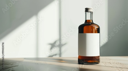 An amber glass bottle with a white blank label rests on a white surface, with soft natural light filtering through a window in the background.