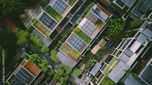 An aerial view of modern, eco-friendly homes adorned with lush rooftop gardens and solar panels, surrounded by abundant greenery.