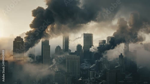 A city skyline enveloped in thick smoke, casting a haunting, apocalyptic aura over the urban landscape.