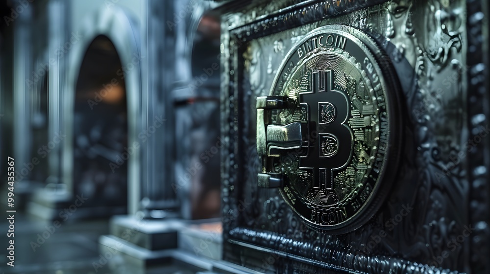 Fototapeta premium Bitcoin coin on bank as investment concept