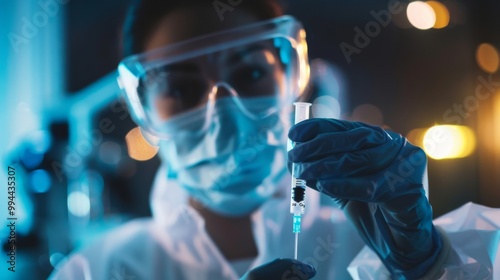 A scientist in a laboratory environment, fully equipped with protective gear, carefully holds up a filled syringe, symbolizing meticulous scientific effort.