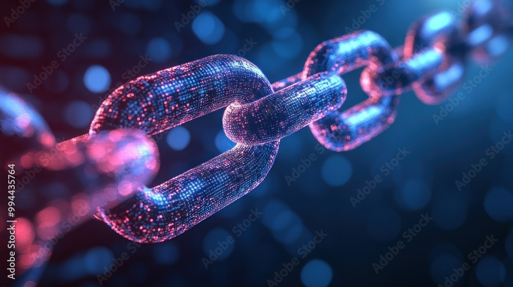 Abstract Digital Chain with Glittering Particles and Bokeh Background Abstract Digital Chain with Glittering Particles and Bokeh Background
