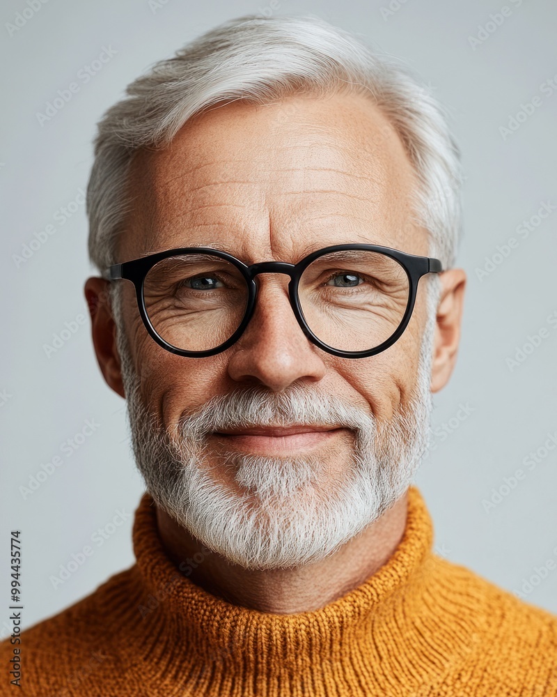 A senior man with silver hair, glasses, and a beard smiles warmly while dressed in a cozy turtleneck sweater A senior man with silver hair, glasses, and a beard smiles warmly while dressed in a cozy turtleneck sweater