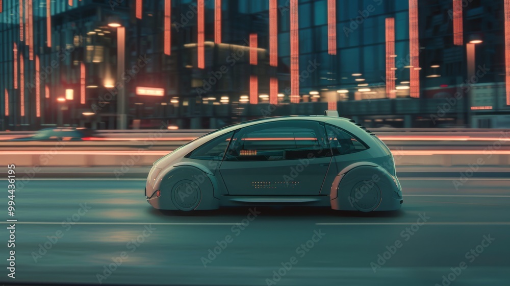 Fototapeta premium A futuristic car zooms through a vibrant, neon-lit cityscape at night, symbolizing innovation and advanced technology in urban transportation.