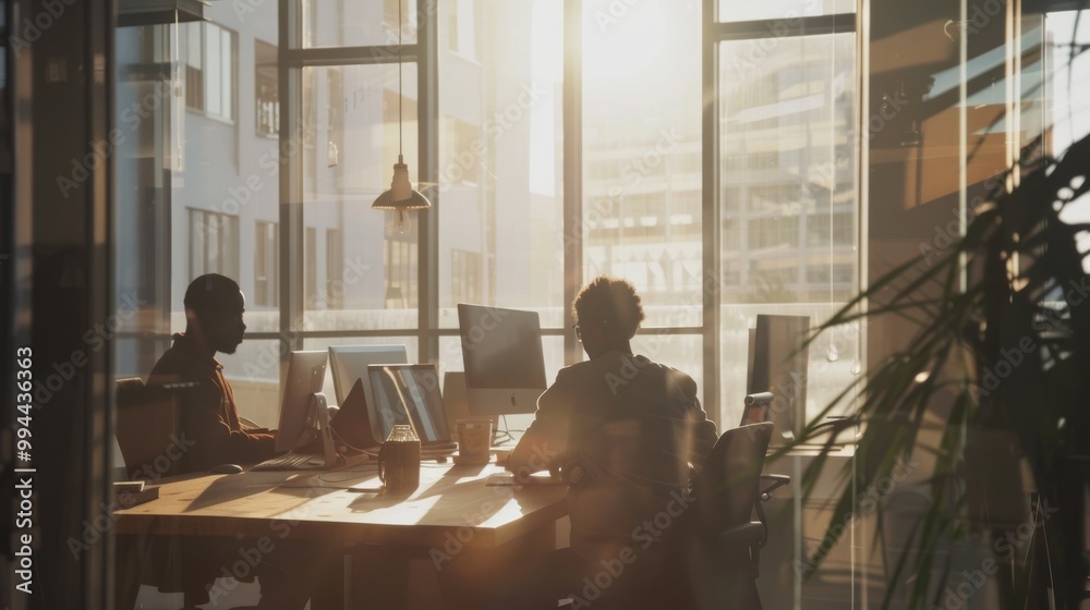 The early morning sun streams into an organized office space where two individuals work diligently, creating a scene of productivity and calmness. The early morning sun streams into an organized office space where two individuals work diligently, creating a scene of productivity and calmness.