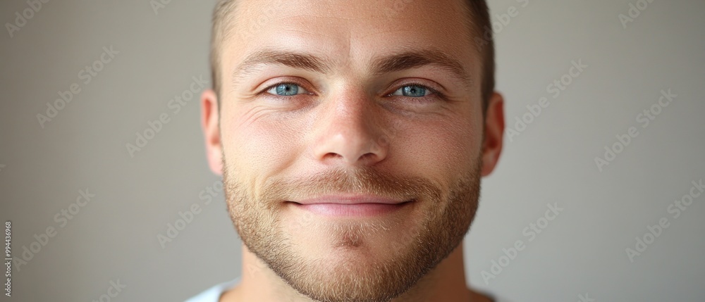 Obraz premium A man smiles gently, showcasing his blue eyes and light beard in a well-lit indoor setting