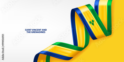 Saint Vincent and the Grenadines 3D ribbon flag. Bent waving 3D flag in colors of the Saint Vincent and the Grenadines national flag. National flag background design.