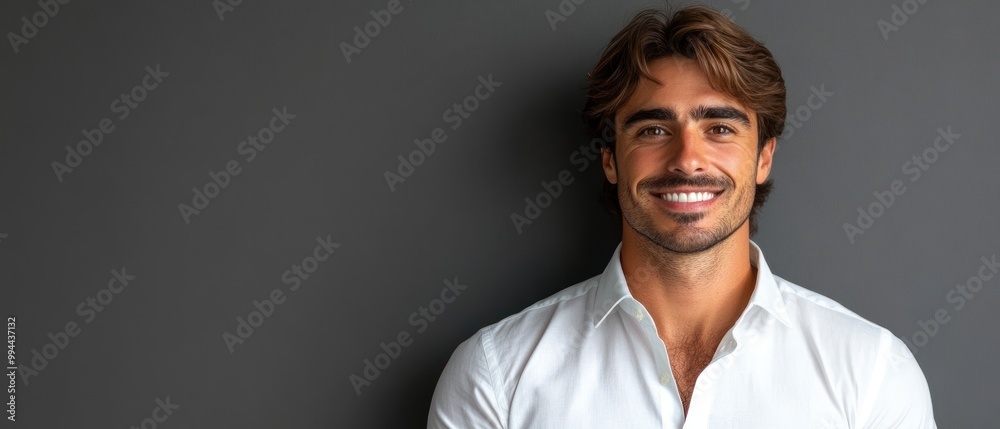 Fototapeta premium A cheerful man in a white shirt stands confidently against a sleek dark wall, sporting a genuine smile
