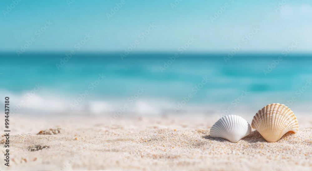 Calm beach with seashells on the sandy shore under a bright blue sky at midday Calm beach with seashells on the sandy shore under a bright blue sky at midday