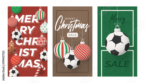 soccer football Christmas Greeting grainy card. Merry Christmas and happy new year sport retro greeting card. Hang on a thread xmas ball bauble