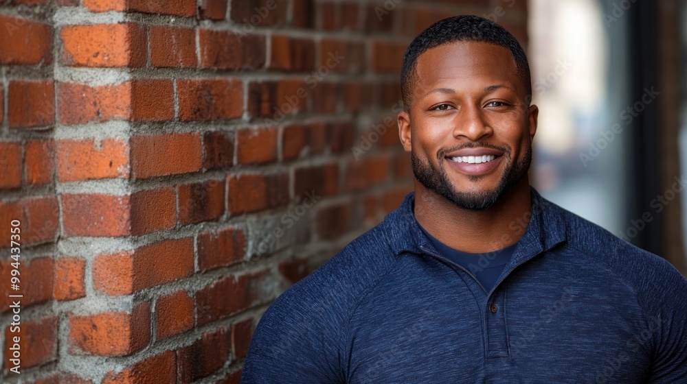 A cheerful man poses confidently near a rustic brick wall, radiating positivity and approachability A cheerful man poses confidently near a rustic brick wall, radiating positivity and approachability