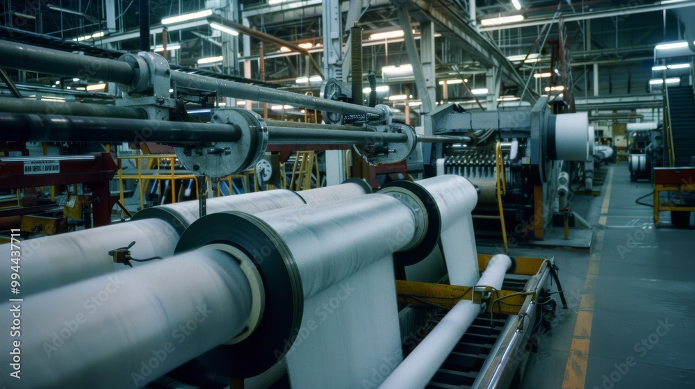 An advanced industrial printing machine busy in a factory setting, operating with precision amid a structured environment. An advanced industrial printing machine busy in a factory setting, operating with precision amid a structured environment.