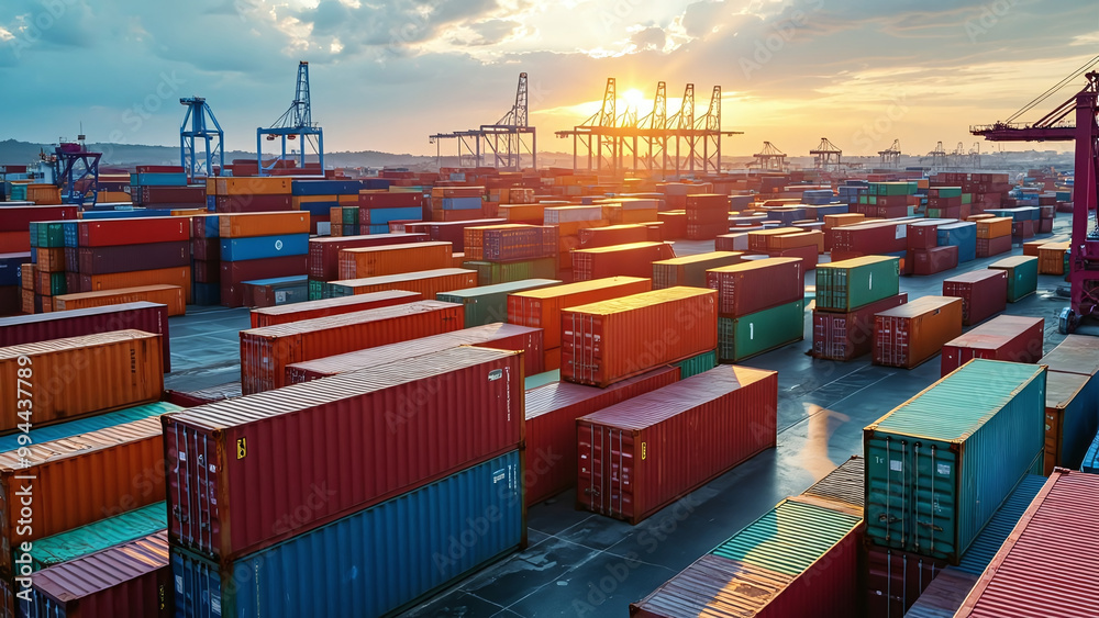 Stack of Colorful Shipping Containers at Sunset
