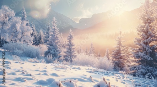 Snow-covered trees and mountains sparkle under the brilliant sunlight, creating a picturesque winter wonderland scene.