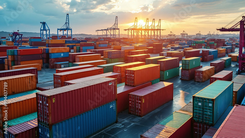 Obraz na płótnie Stack of Colorful Shipping Containers at Sunset w salonie