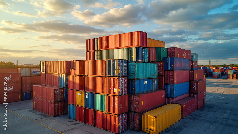 Stack of Colorful Shipping Containers at Sunset