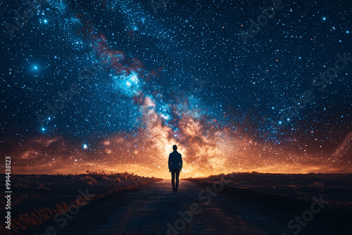 An introspective image of a person walking along a deserted road under a starlit sky, symbolizing the journey of self-discovery and the search for meaning.