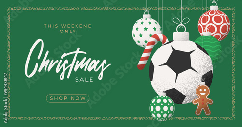 soccer football Christmas Greeting grainy card. Merry Christmas and happy new year sport retro greeting card. Hang on a thread xmas ball bauble