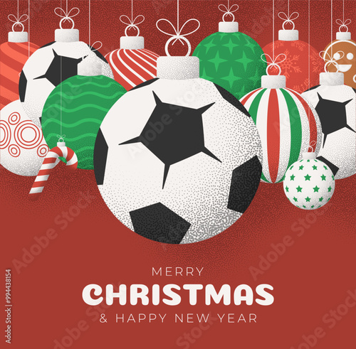 soccer football Christmas Greeting grainy card. Merry Christmas and happy new year sport retro greeting card. Hang on a thread xmas ball bauble