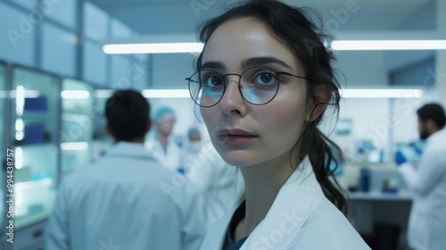 A focused woman in a white lab coat and glasses stands in a high-tech laboratory, her expression marked by determination and concentration.