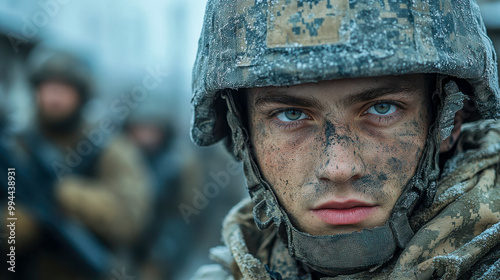 Intense gaze of a soldier wearing a helmet, highlighting determination and strength in a military setting