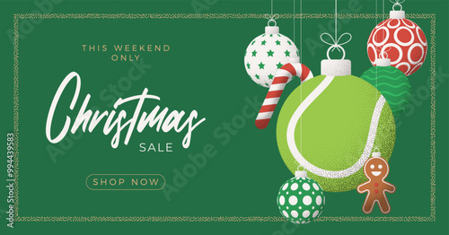 tennis Christmas Greeting grainy card. Merry Christmas and happy new year sport retro greeting card. Hang on a thread xmas ball bauble