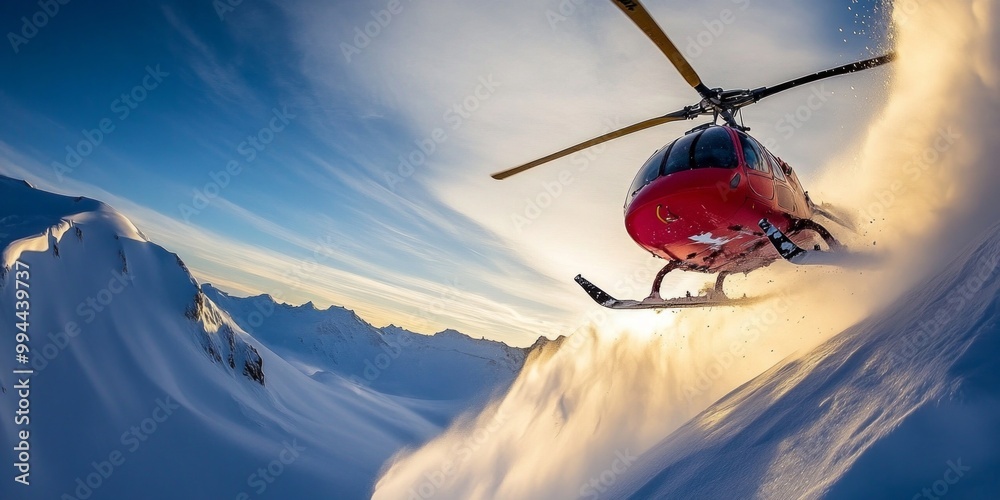 Obraz premium A dynamic helicopter flies through a stunning snowy landscape. The scene captures the thrill of adventure and exploration. Perfect for travel and outdoor photography. AI