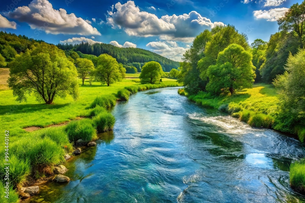 Serene River Flowing Between Lush Green Banks, Marking a Natural Border in Tranquil Landscape Serene River Flowing Between Lush Green Banks, Marking a Natural Border in Tranquil Landscape