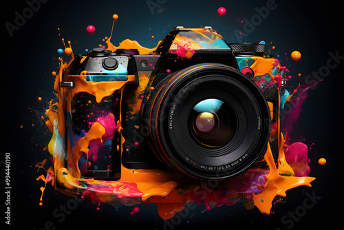 Black digital camera set against a colorful abstract