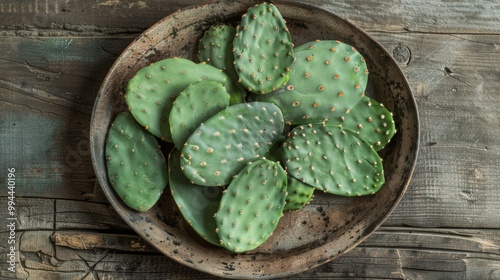 A rustic clay plate contains a spread of cactus pads, beautifully arranged, invoking traditional and organic culinary themes.