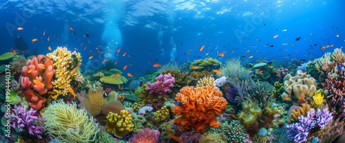 A vibrant coral reef teeming with a diverse array of colorful fish and marine life, illuminated by sunlight filtering through clear blue water, wide web banner