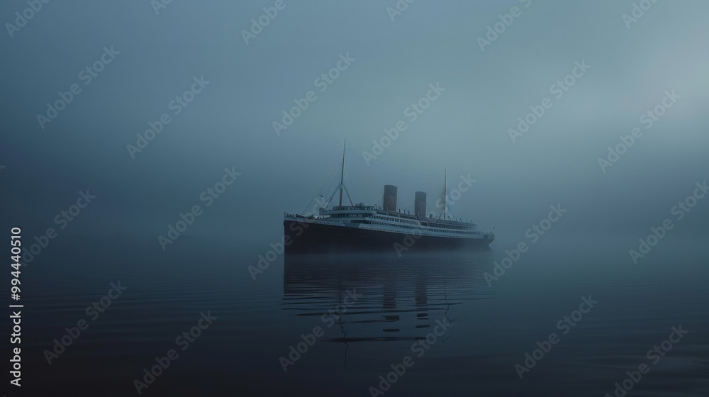 A majestic ship cloaked in dense fog appears adrift in an eerie, silent sea, its surroundings veiled in a thick, mysterious mist. A majestic ship cloaked in dense fog appears adrift in an eerie, silent sea, its surroundings veiled in a thick, mysterious mist.