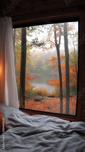 Gaze through the window from the inviting bed, where warm fall colors spread across the landscape, enhancing the cozy ambiance of the room