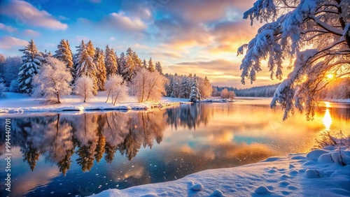 Serene Scandinavian Winter Landscape with Snow-Covered Trees and a Tranquil Frozen Lake Scene