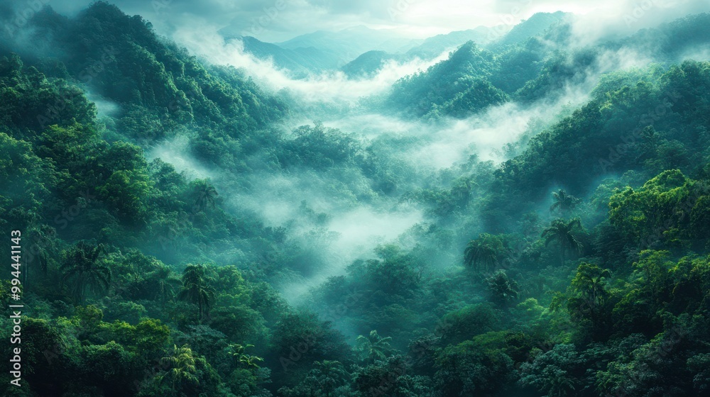 Mystical tropical rainforest shrouded in mist, featuring dense greenery and towering trees. Ethereal atmosphere with fog, damp forest floor and soft light the canopy, perfect for nature background Mystical tropical rainforest shrouded in mist, featuring dense greenery and towering trees. Ethereal atmosphere with fog, damp forest floor and soft light the canopy, perfect for nature background