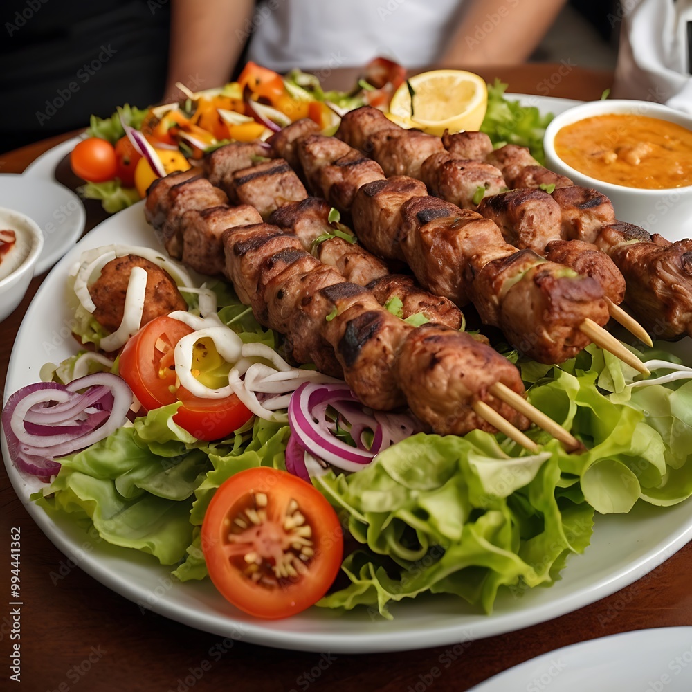 Delicious fresh Kebab assortment Served with some salad, grilled chicken skewers with a side of grilled vegetables, grilled kebab with couscous and vegetables Delicious fresh Kebab assortment Served with some salad, grilled chicken skewers with a side of grilled vegetables, grilled kebab with couscous and vegetables