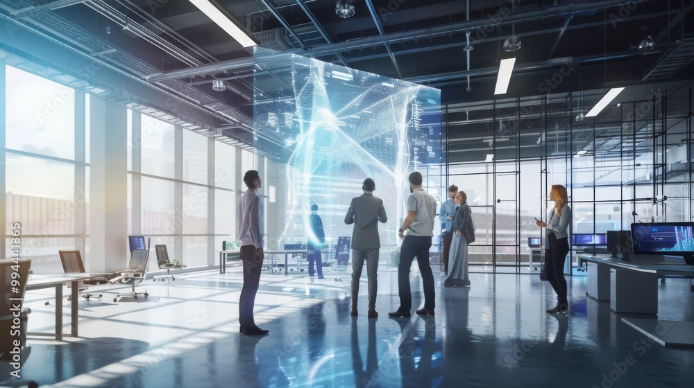 A group of professionals analyze a large digital hologram in a spacious office, highlighting innovative thinking and teamwork. A group of professionals analyze a large digital hologram in a spacious office, highlighting innovative thinking and teamwork.