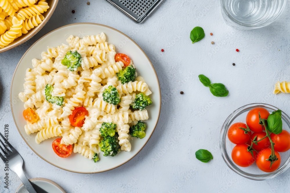 Delicious mac and cheese with broccoli and tomato garnish on a dining table in a bright kitchen Delicious mac and cheese with broccoli and tomato garnish on a dining table in a bright kitchen