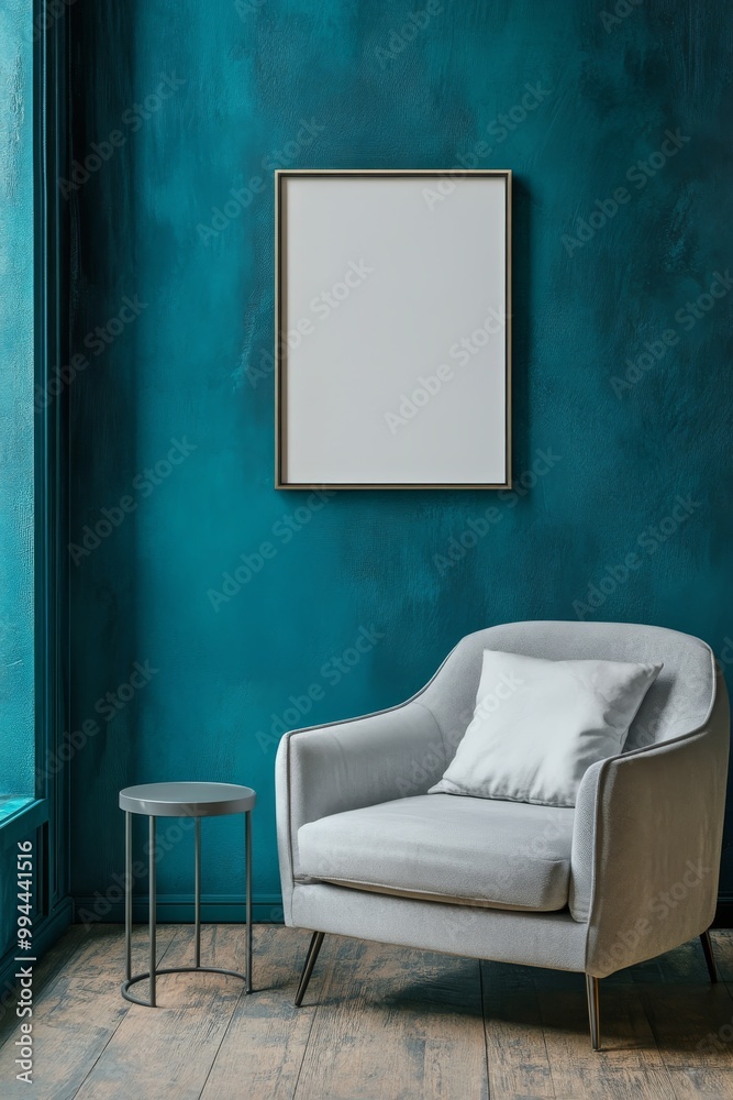 A cozy corner with a gray armchair and a plant against a teal wall in a modern interior space A cozy corner with a gray armchair and a plant against a teal wall in a modern interior space