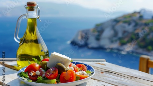 A colorful Greek salad, complete with feta cheese, tomatoes, and olives, is served on a plate with a bottle of olive oil and a breathtaking view of the Mediterranean Sea.